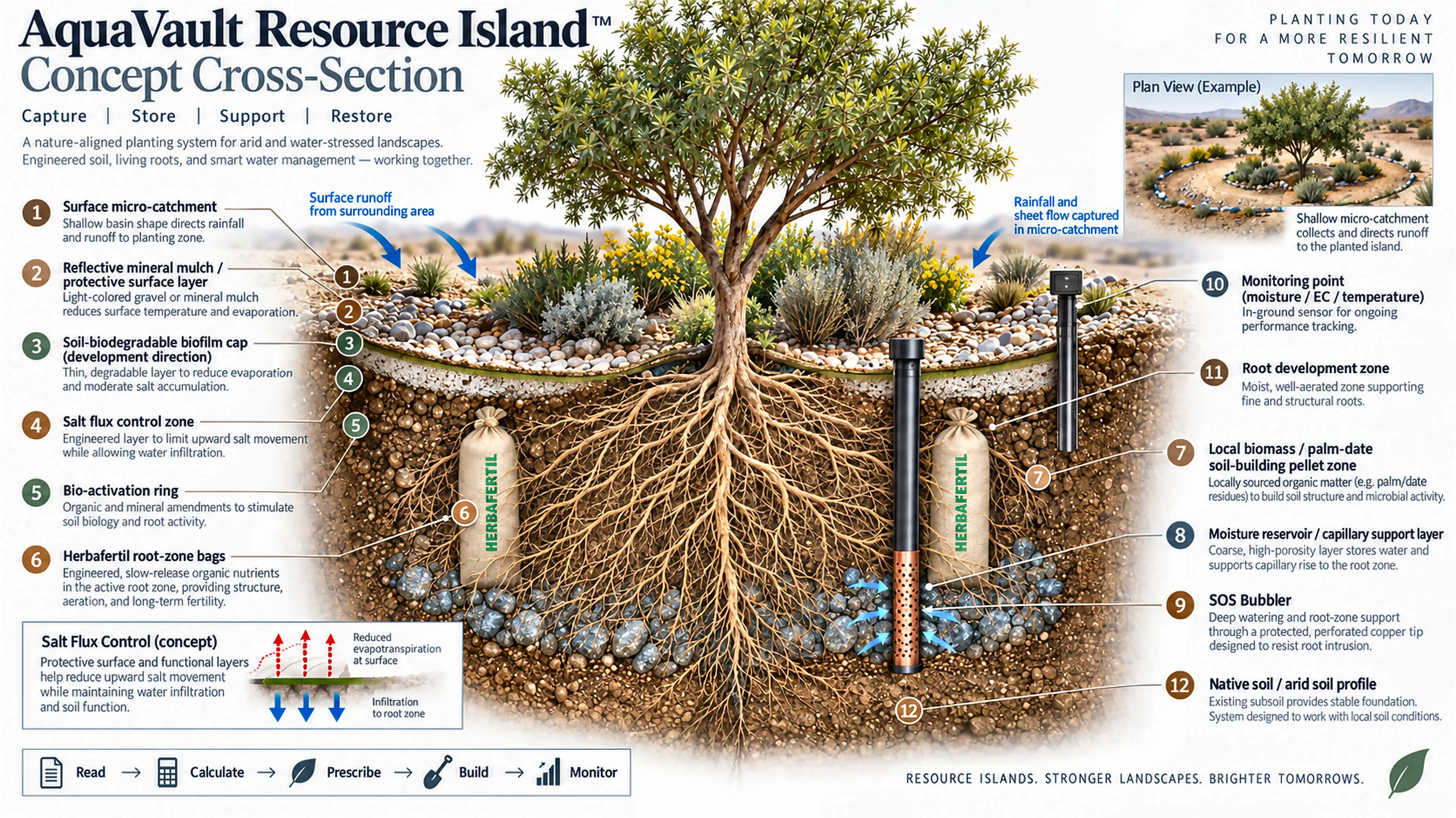 Radni konceptni presjek AquaVault Resource Island: krošnja, korijen, slojevi tla, voda i komponente sustava