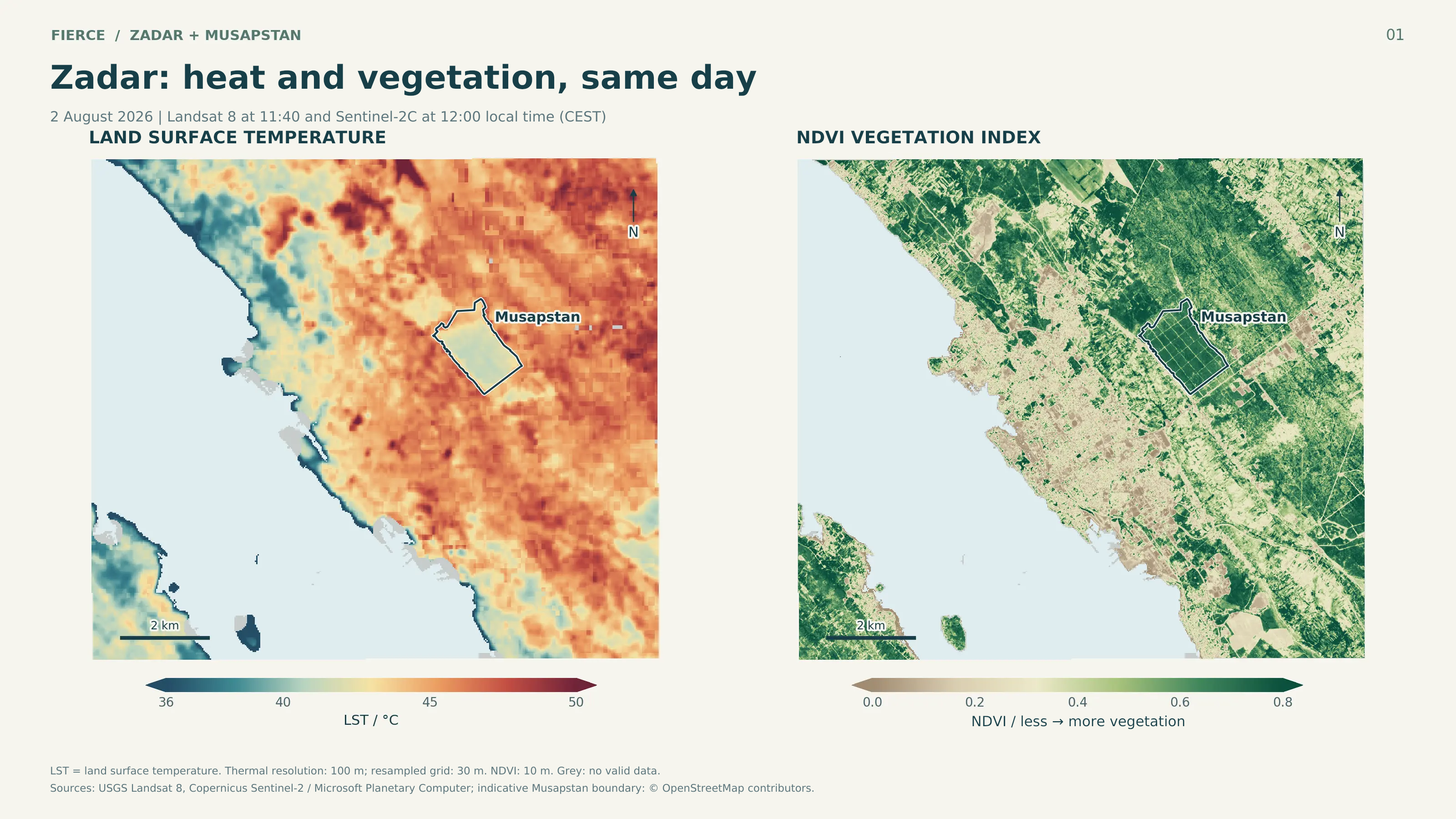 Land surface temperature and NDVI vegetation index for Zadar and Musapstan, 2 August 2026, with the original colour scales
